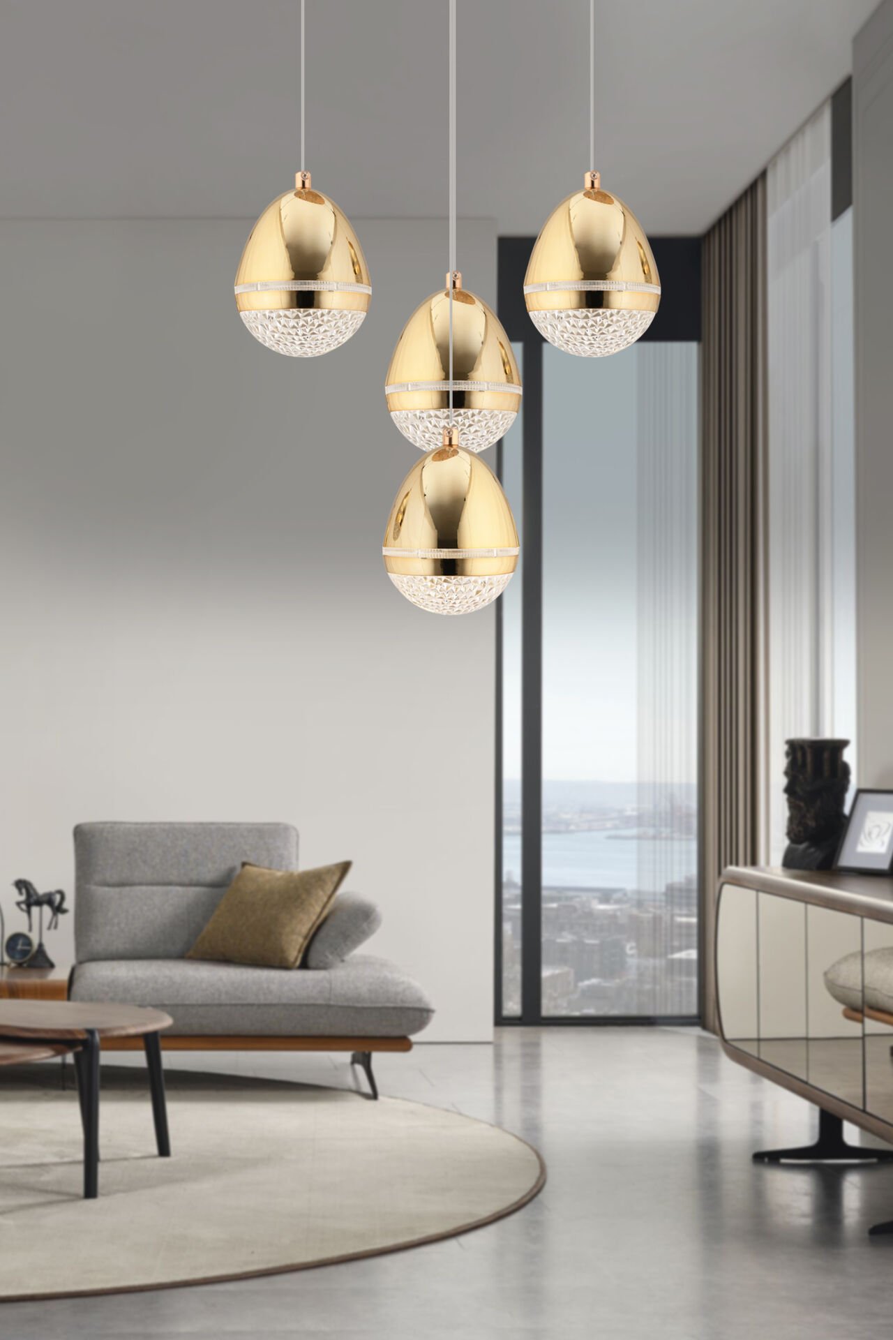 Amaya 4'lü Yuvarlak Gold Damla Başlıklı Modern Salon Led Avize