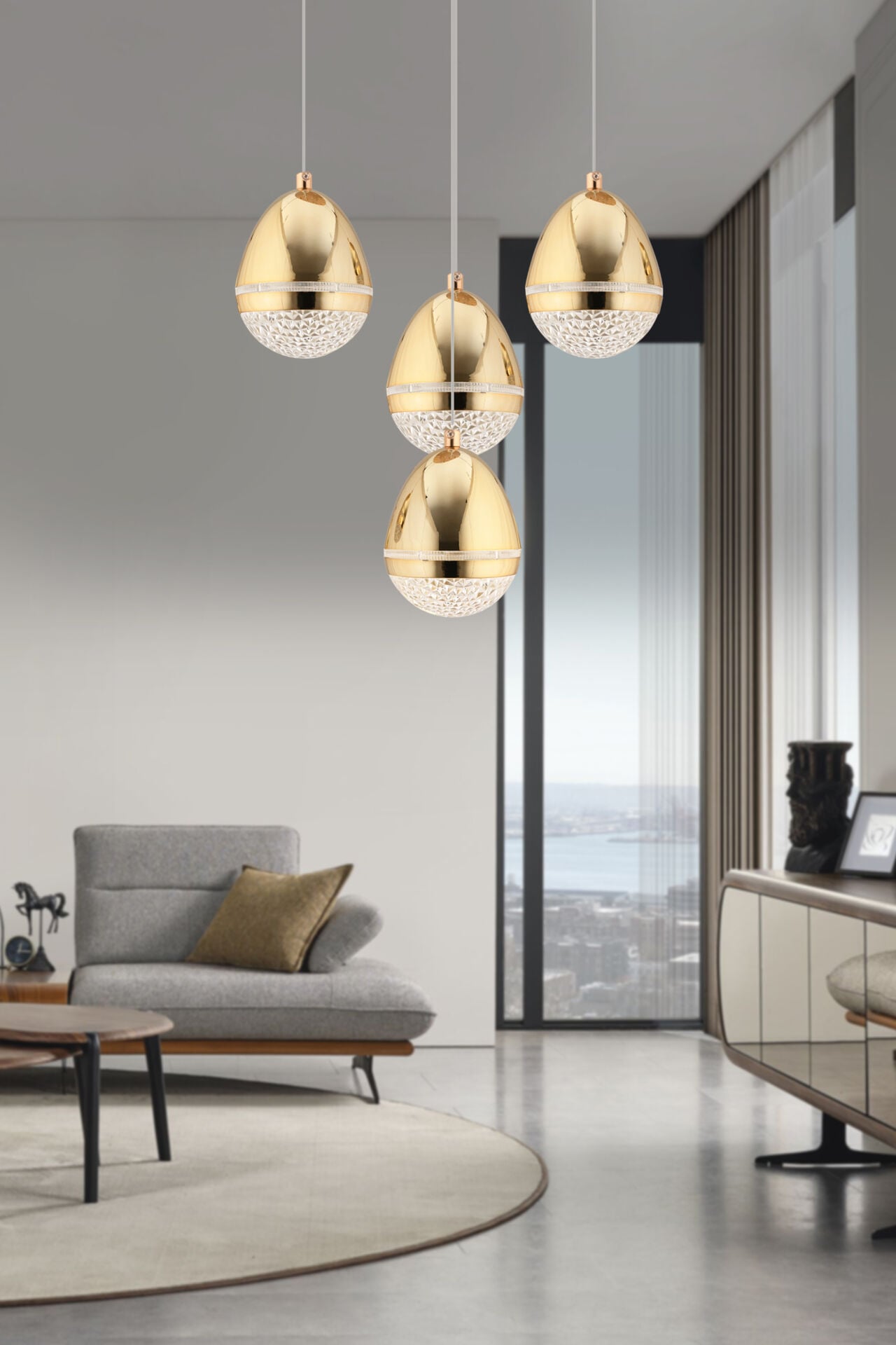 Amaya 4'lü Yuvarlak Gold Damla Başlıklı Modern Salon Led Avize