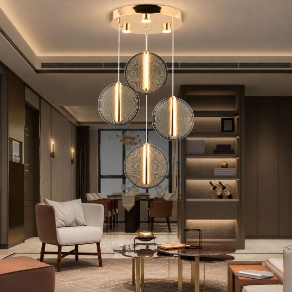 Dustin 4'lü Yuvarlak 3 Renk 52 Watt Gold Kristal Ledli Modern Oturma Odası Salon Sarkıt Avize