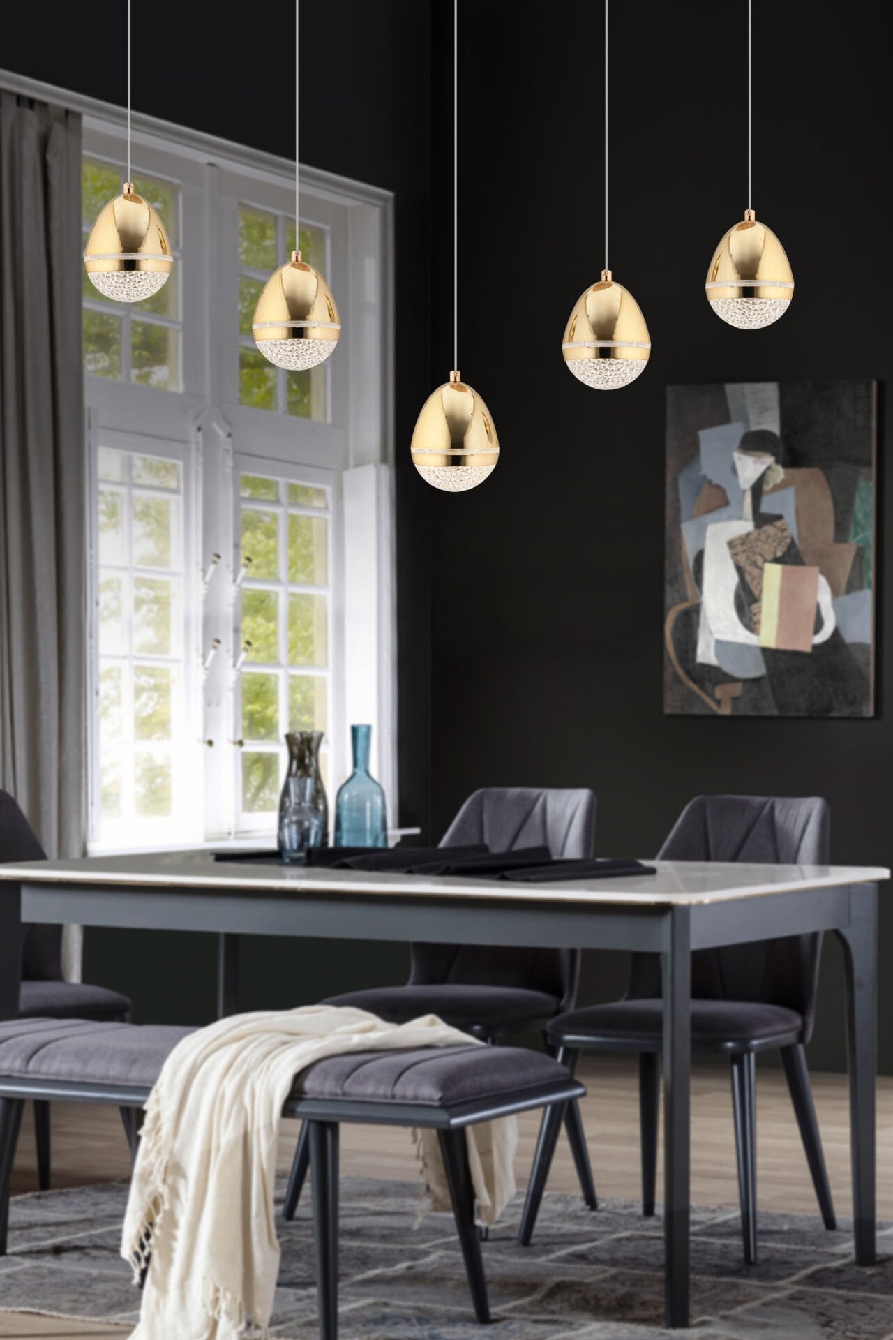 Amaya 5'li Sıralı Gold Damla Başlıklı Modern Salon Led Avize