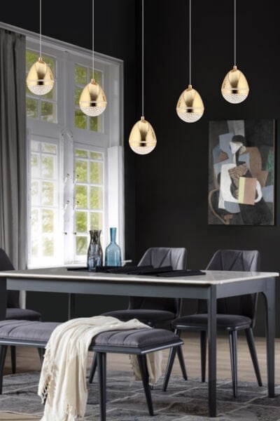 Amaya 5'li Sıralı Gold Damla Başlıklı Modern Salon Led Avize