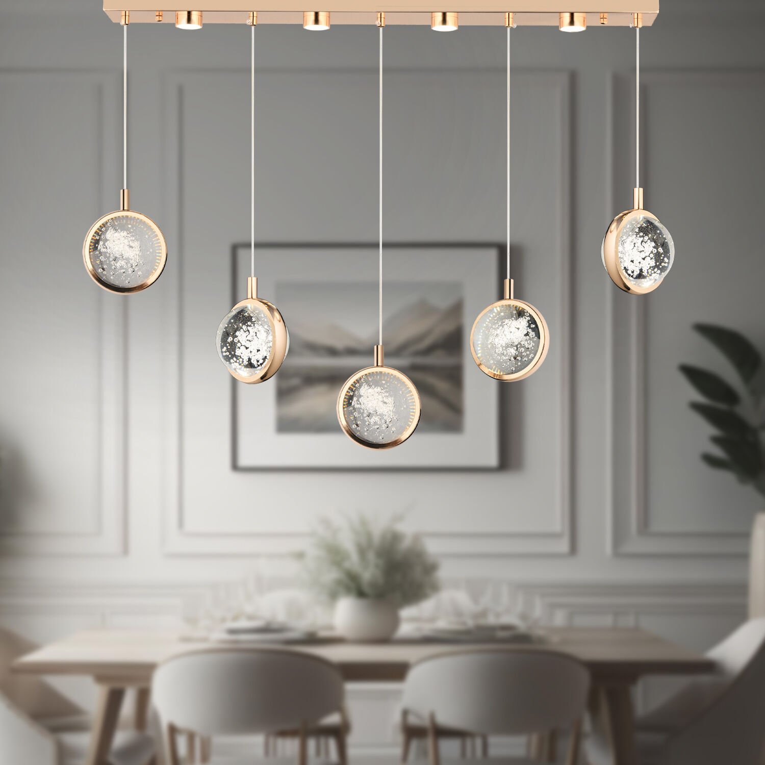 Eldon 5'li Sıralı 3 Renk 75 Watt Gold Kristal Ledli Modern Oturma Odası Salon Sarkıt Avize