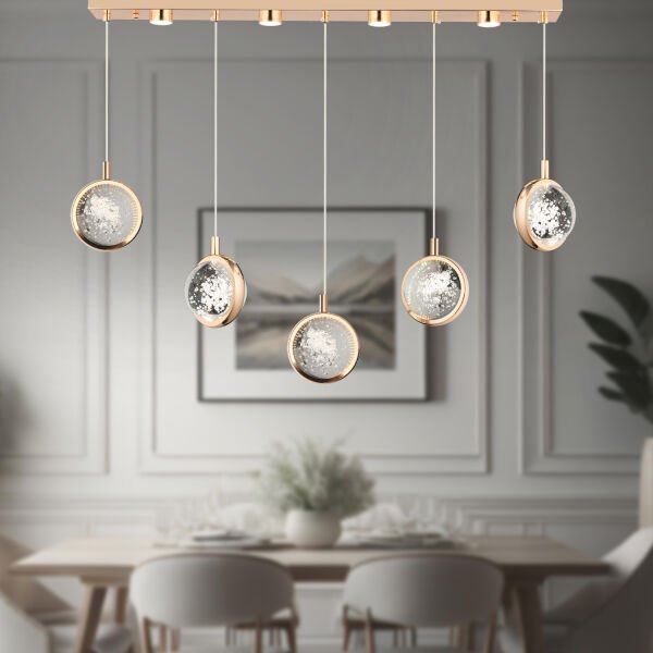 Eldon 5'li Sıralı 3 Renk 75 Watt Gold Kristal Ledli Modern Oturma Odası Salon Sarkıt Avize