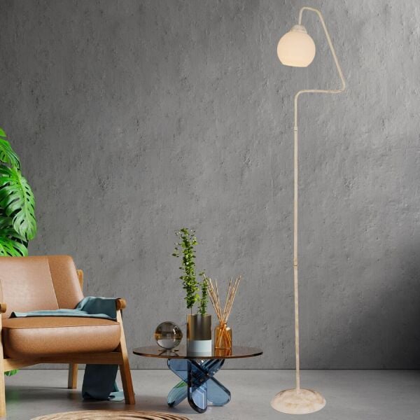 Seül Beyaz Camlı Beyaz Patinalı Modern Tasarım Metal Lambader