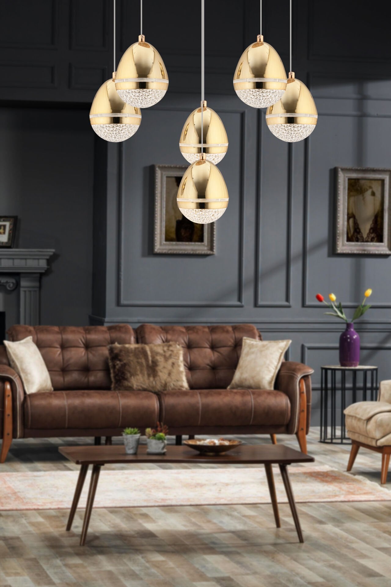 Amaya 6'lı Yuvarlak Gold Damla Başlıklı Modern Salon Led Avize