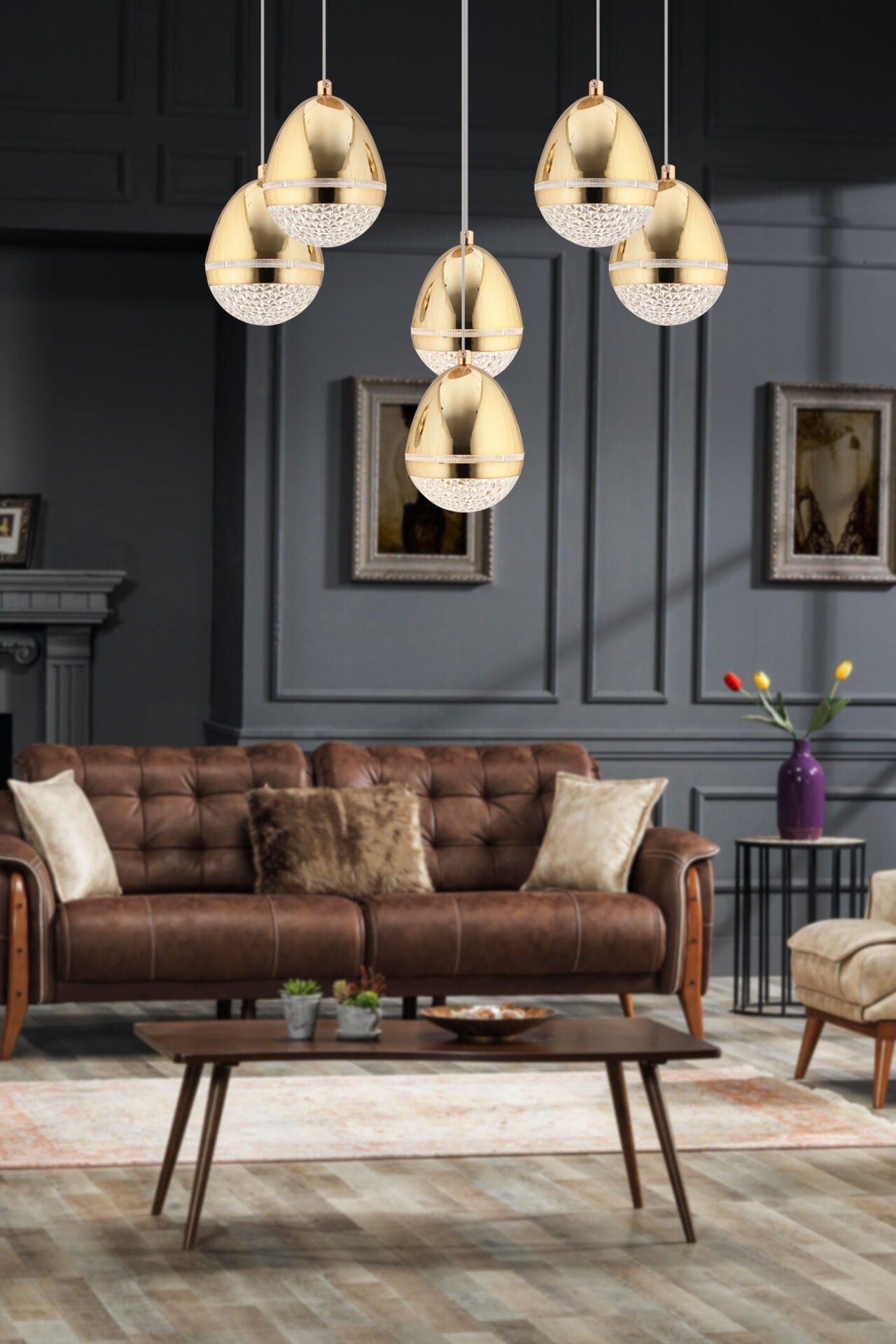 Amaya 6'lı Yuvarlak Gold Damla Başlıklı Modern Salon Led Avize