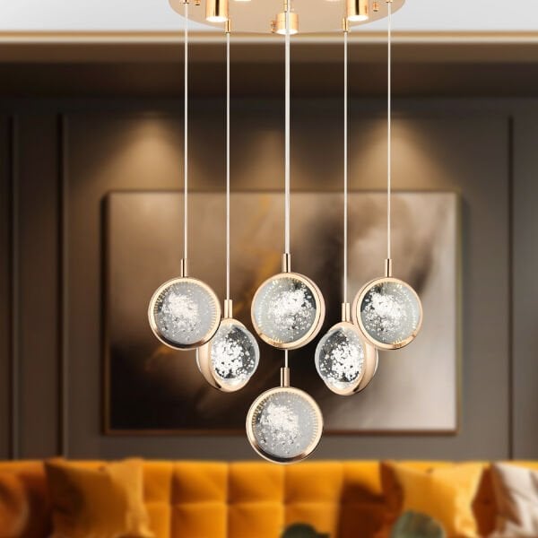 Eldon 6'lı Yuvarlak 3 Renk 88 Watt Gold Kristal Ledli Modern Oturma Odası Salon Sarkıt Avize