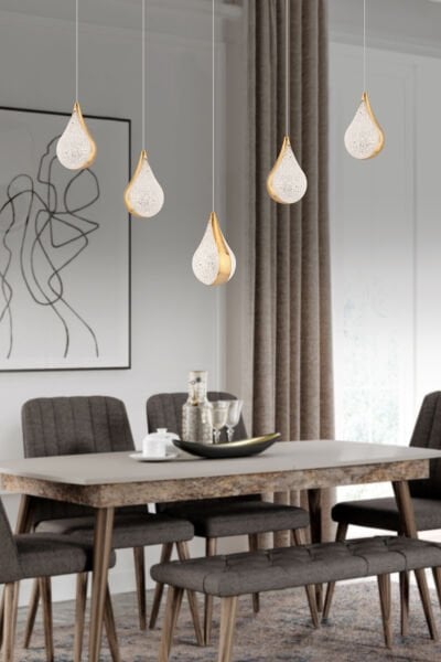 Biana 5'li Sıralı Gold Damla Başlıklı Modern Salon Led Avize