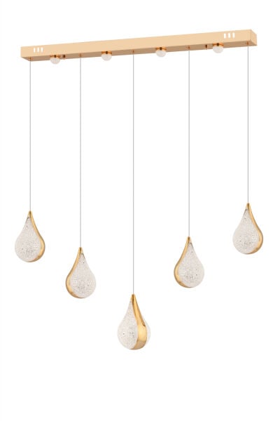 Biana 5'li Sıralı Gold Damla Başlıklı Modern Salon Led Avize