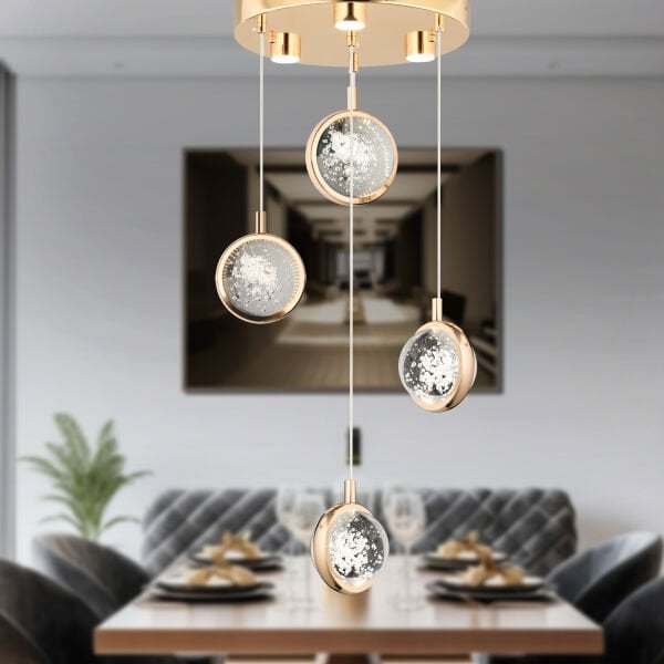 Eldon 4'lü Yuvarlak 3 Renk 61 WattGold Kristal Ledli Modern Oturma Odası Salon Sarkıt Avize