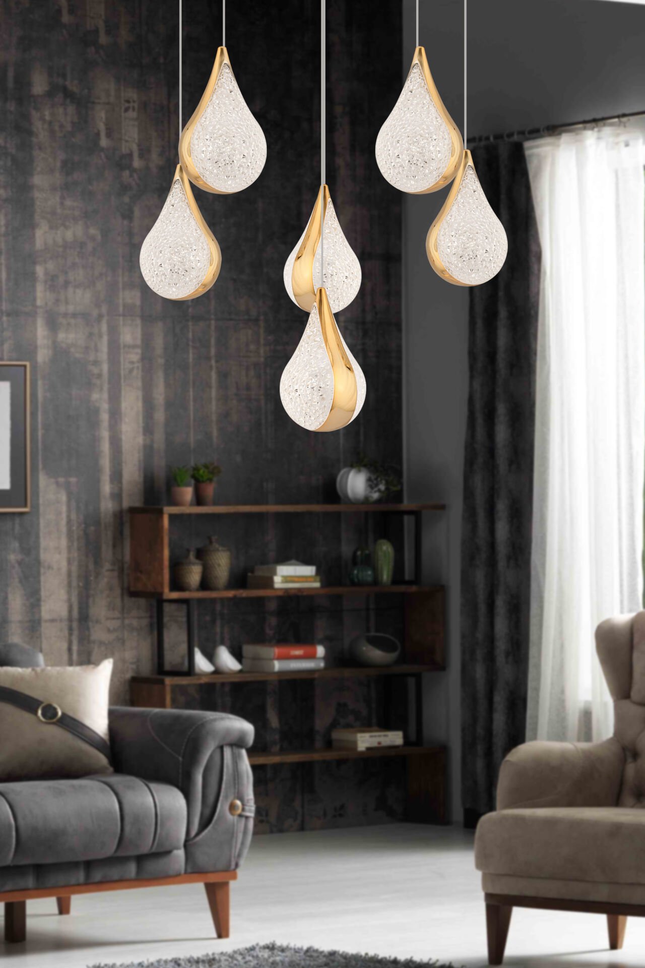 Biana 6'lı Yuvarlak Gold Damla Başlıklı Modern Salon Led Avize