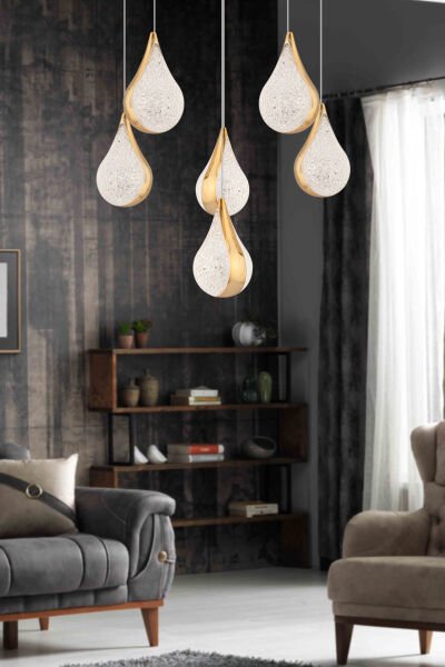 Biana 6'lı Yuvarlak Gold Damla Başlıklı Modern Salon Led Avize