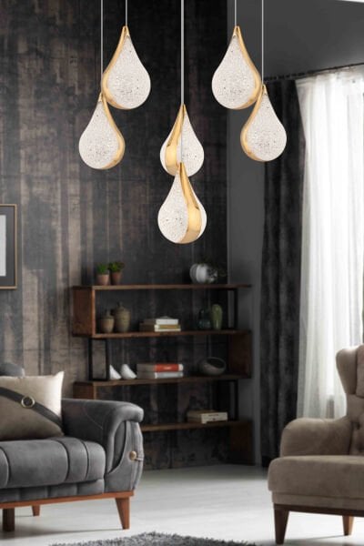 Biana 6'lı Yuvarlak Gold Damla Başlıklı Modern Salon Led Avize