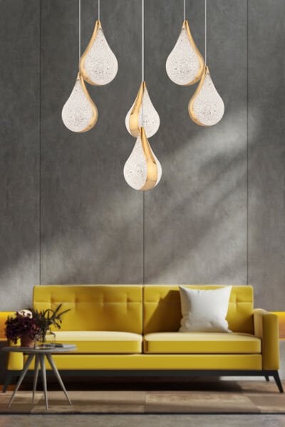 Biana 6'lı Yuvarlak Gold Damla Başlıklı Modern Salon Led Avize