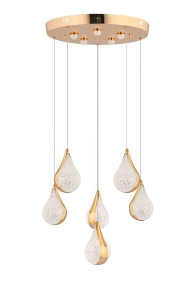 Biana 6'lı Yuvarlak Gold Damla Başlıklı Modern Salon Led Avize