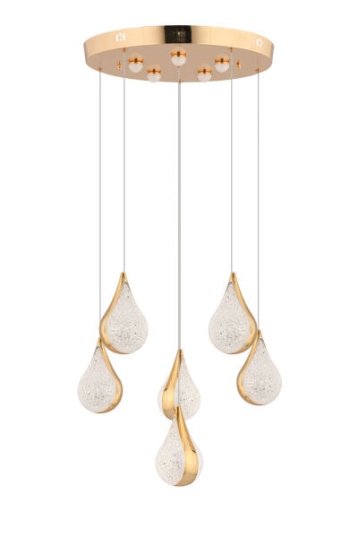 Biana 6'lı Yuvarlak Gold Damla Başlıklı Modern Salon Led Avize