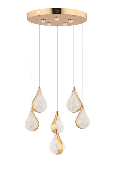 Biana 6'lı Yuvarlak Gold Damla Başlıklı Modern Salon Led Avize