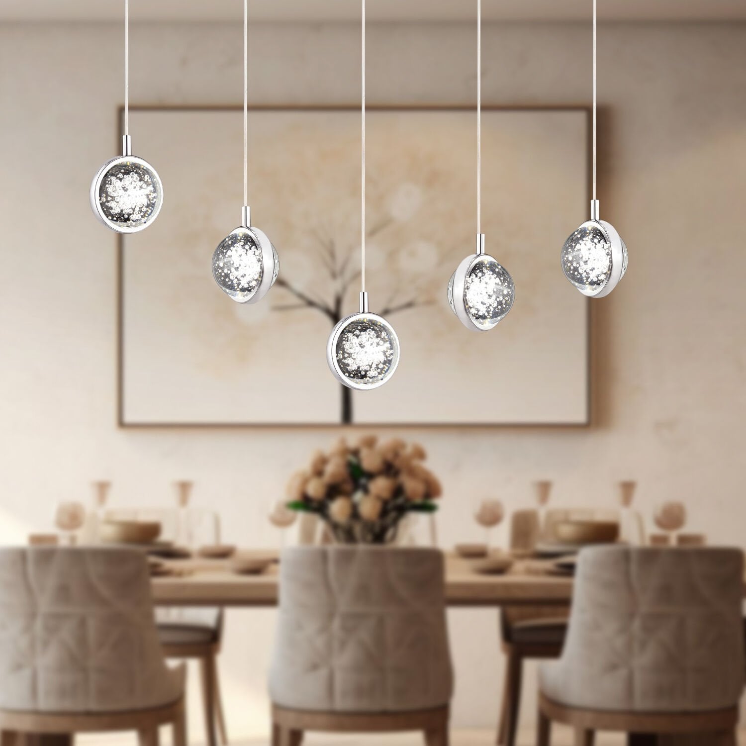 Eldon 5'li Sıralı 3 Renkli 75 Watt Krom Kristal Ledli Modern Oturma Odası Salon Sarkıt Avize