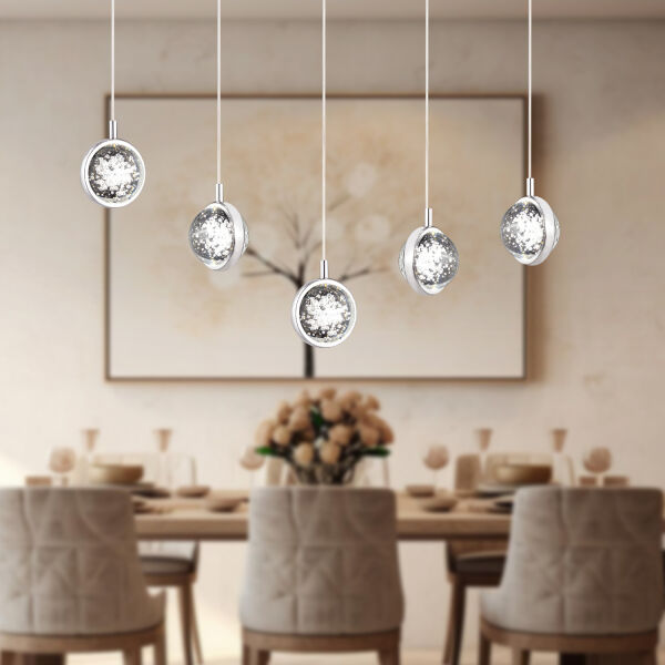 Eldon 5'li Sıralı 3 Renkli 75 Watt Krom Kristal Ledli Modern Oturma Odası Salon Sarkıt Avize