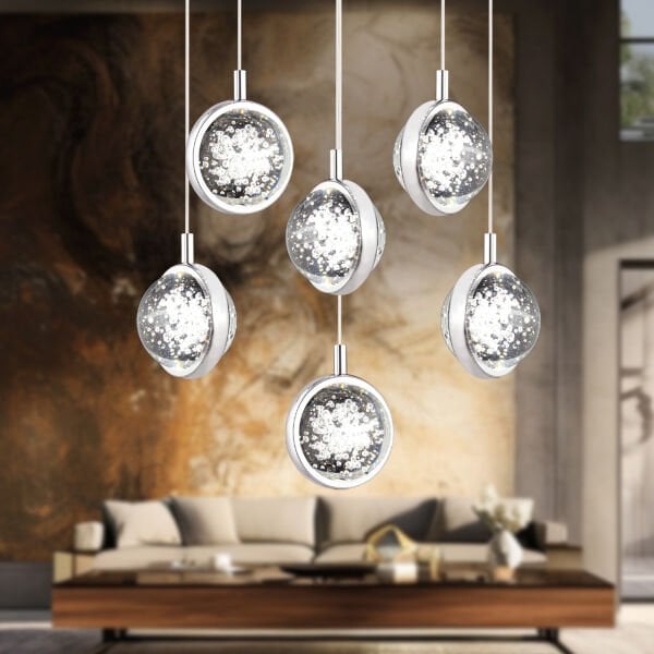 Eldon 6'lı Yuvarlak 3 Renkli 88 Watt Krom Kristal Ledli Modern Oturma Odası Salon Sarkıt Avize