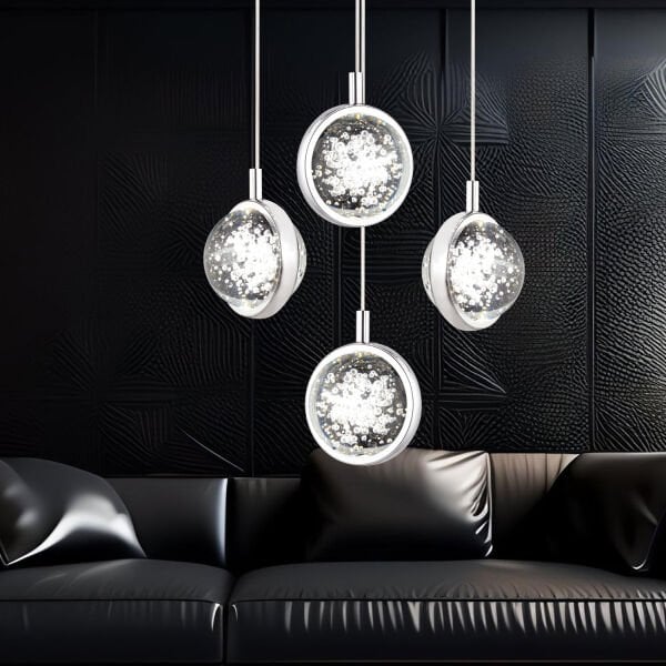 Eldon 4'lü Yuvarlak 3 Renkli 61 Watt Krom Kristal Ledli Modern Oturma Odası Salon Sarkıt Avize