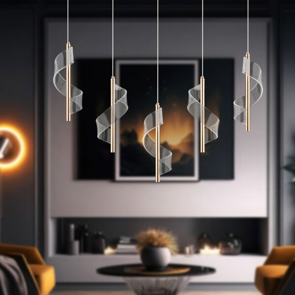 Jadon 5'li Sıralı 3 Renkli 40 Watt Gold Kristal Ledli Modern Oturma Odası Salon Sarkıt Avize