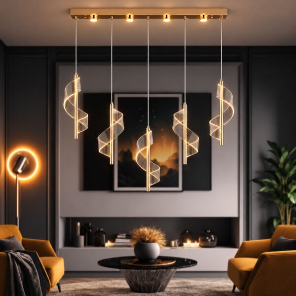 Jadon 5'li Sıralı 3 Renkli 40 Watt Gold Kristal Ledli Modern Oturma Odası Salon Sarkıt Avize