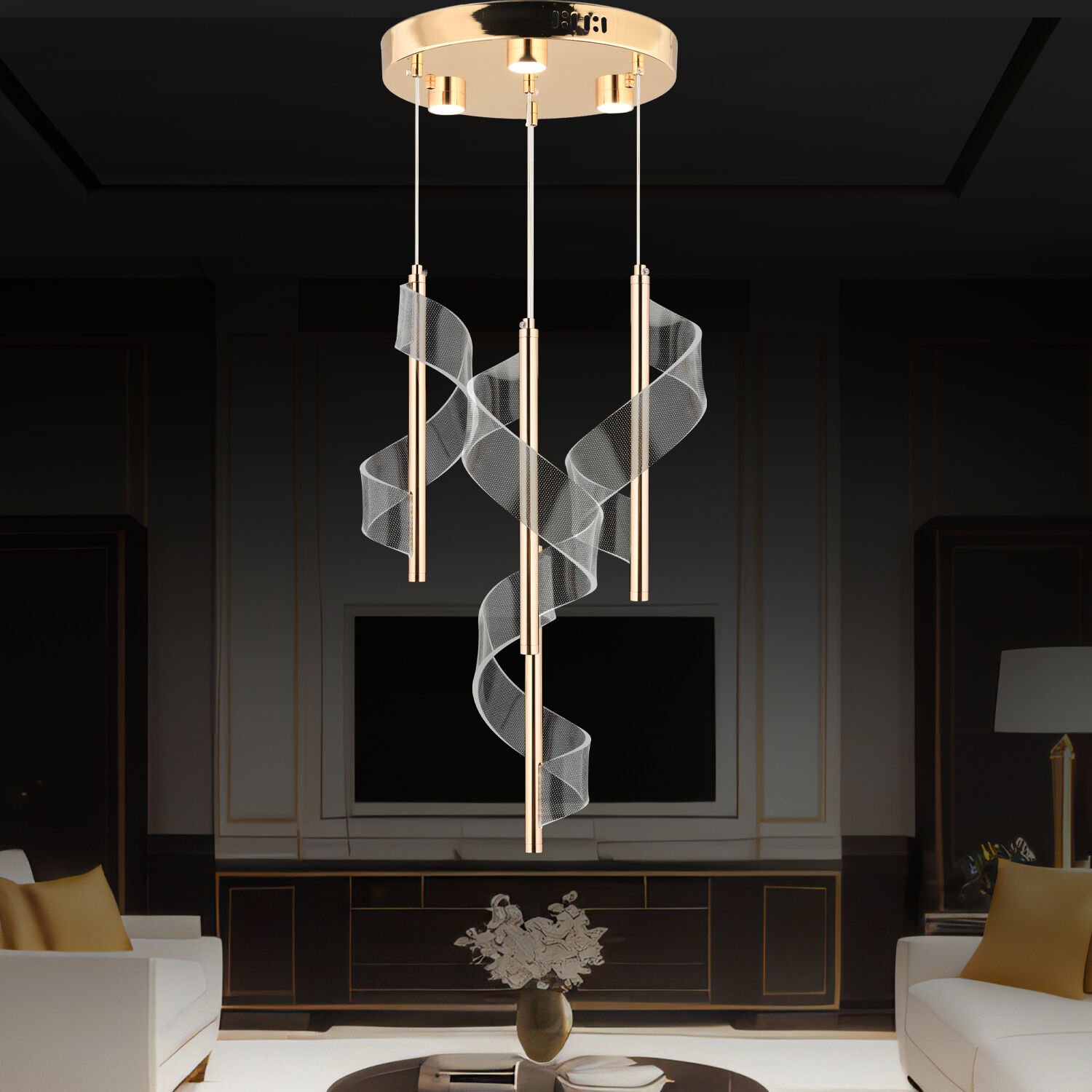 Jadon 4'lü Yuvarlak 3 Renkli 35 Watt Gold Kristal Ledli Modern Oturma Odası Salon Sarkıt Avize