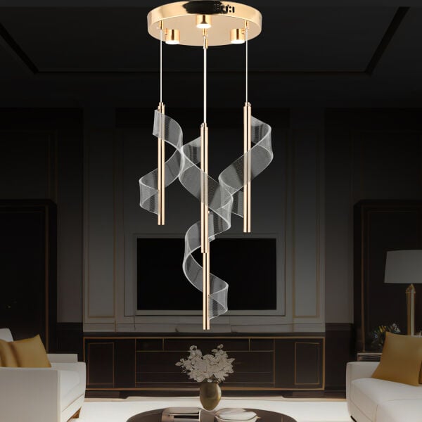 Jadon 4'lü Yuvarlak 3 Renkli 35 Watt Gold Kristal Ledli Modern Oturma Odası Salon Sarkıt Avize