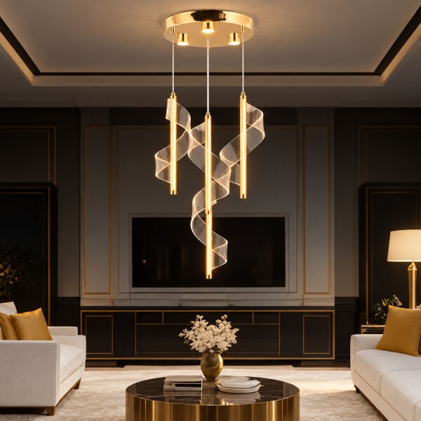 Jadon 4'lü Yuvarlak 3 Renkli 35 Watt Gold Kristal Ledli Modern Oturma Odası Salon Sarkıt Avize