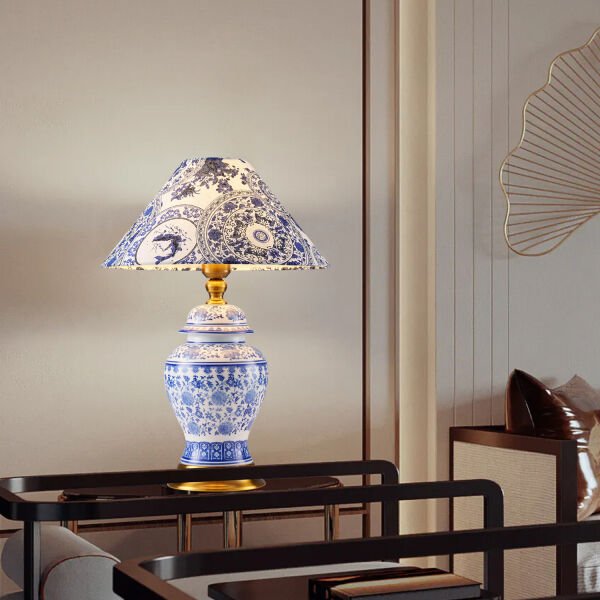 Sanwi Bleu Blanc Desenli Seramik Oturma Odası Salon Abajur