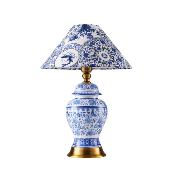 Sanwi Bleu Blanc Desenli Seramik Oturma Odası Salon Abajur