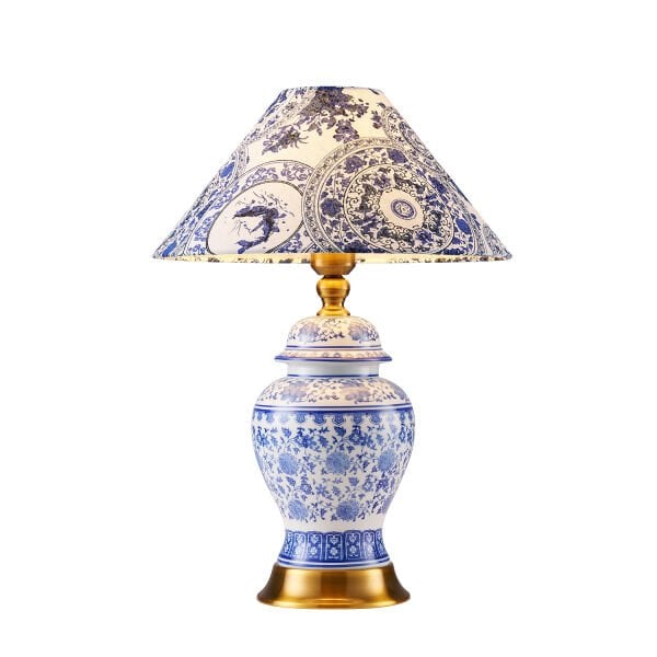 Sanwi Bleu Blanc Desenli Seramik Oturma Odası Salon Abajur