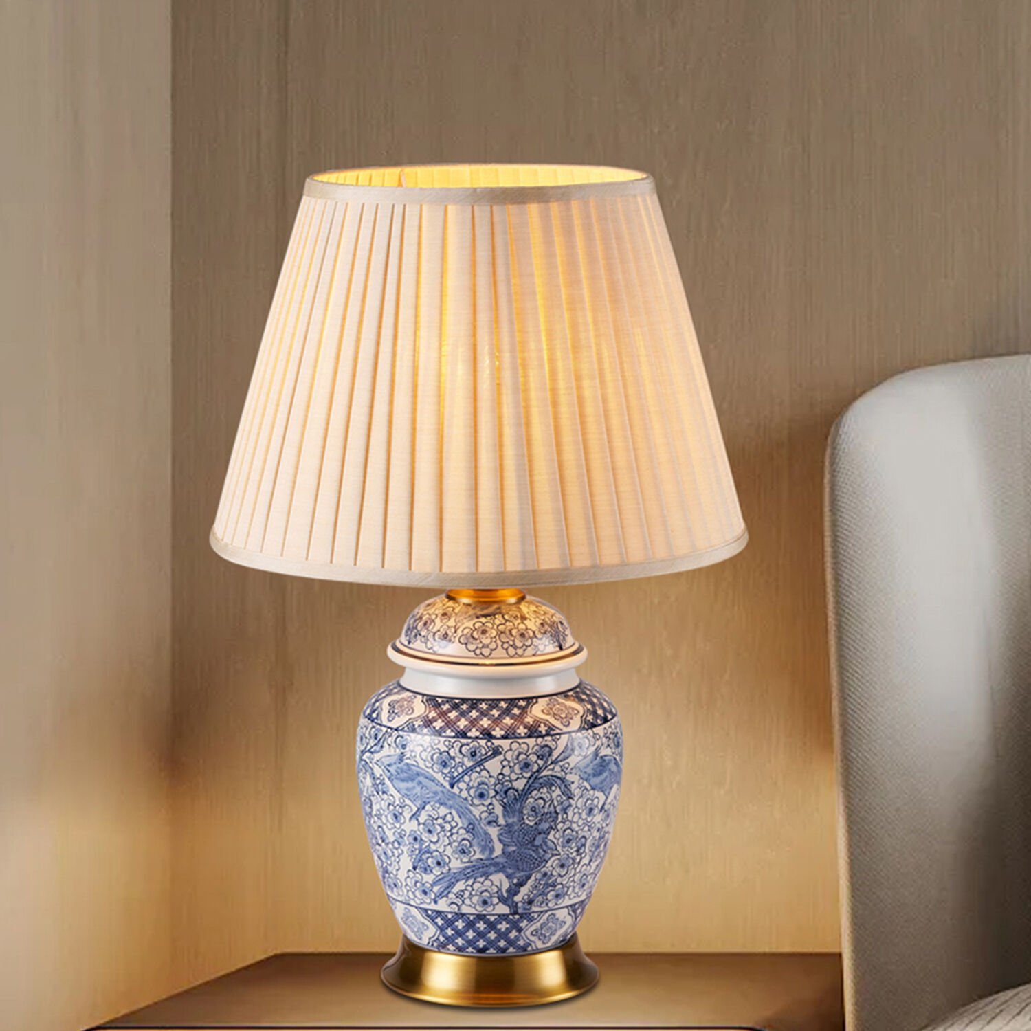 Elea Bleu Blanc Desenli Seramik Oturma Odası Salon Abajur