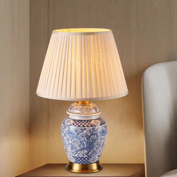 Elea Bleu Blanc Desenli Seramik Oturma Odası Salon Abajur