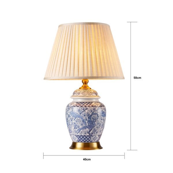 Elea Bleu Blanc Desenli Seramik Oturma Odası Salon Abajur