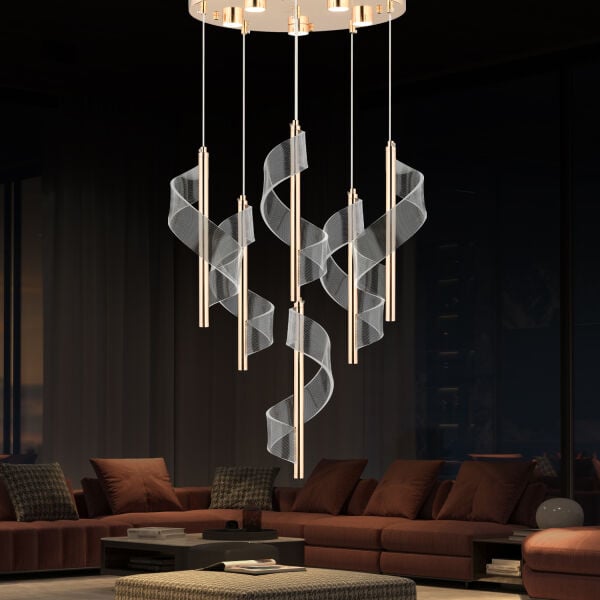 Jadon 6'lı Yuvarlak 3 Renkli 53 Watt Gold Kristal Ledli Modern Oturma Odası Salon Sarkıt Avize