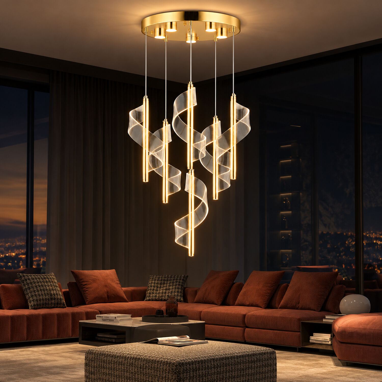 Jadon 6'lı Yuvarlak 3 Renkli 53 Watt Gold Kristal Ledli Modern Oturma Odası Salon Sarkıt Avize