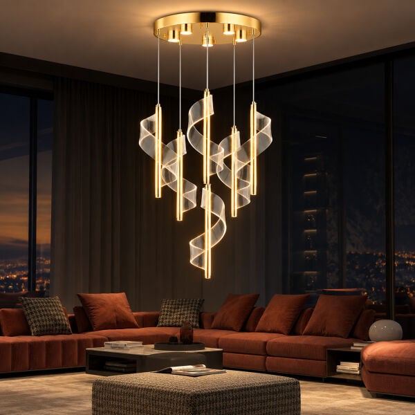 Jadon 6'lı Yuvarlak 3 Renkli 53 Watt Gold Kristal Ledli Modern Oturma Odası Salon Sarkıt Avize
