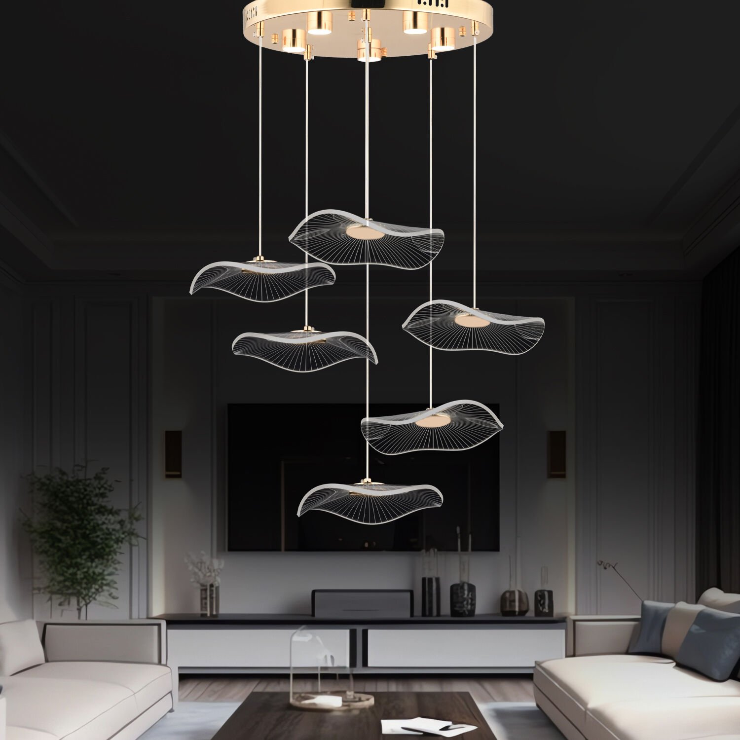 Jolie 6'lı Yuvarlak 3 Renkli 61 Watt Gold Kristal Ledli Modern Oturma Odası Salon Sarkıt Avize