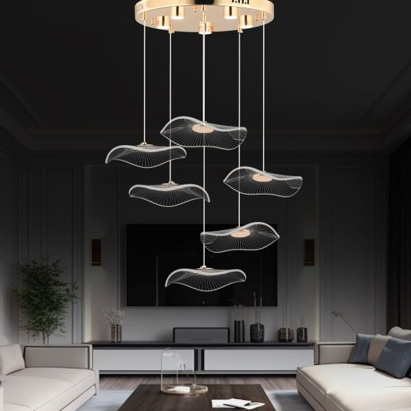 Jolie 6'lı Yuvarlak 3 Renkli 61 Watt Gold Kristal Ledli Modern Oturma Odası Salon Sarkıt Avize