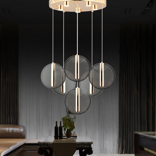 Dustin 6'lı Yuvarlak 3 Renk 80 Watt Gold Kristal Ledli Modern Oturma Odası Salon Sarkıt Avize