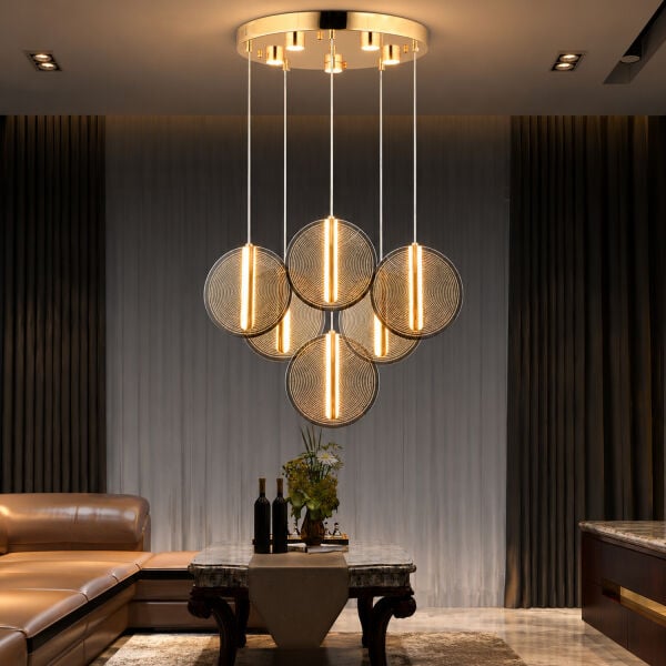 Dustin 6'lı Yuvarlak 3 Renk 80 Watt Gold Kristal Ledli Modern Oturma Odası Salon Sarkıt Avize