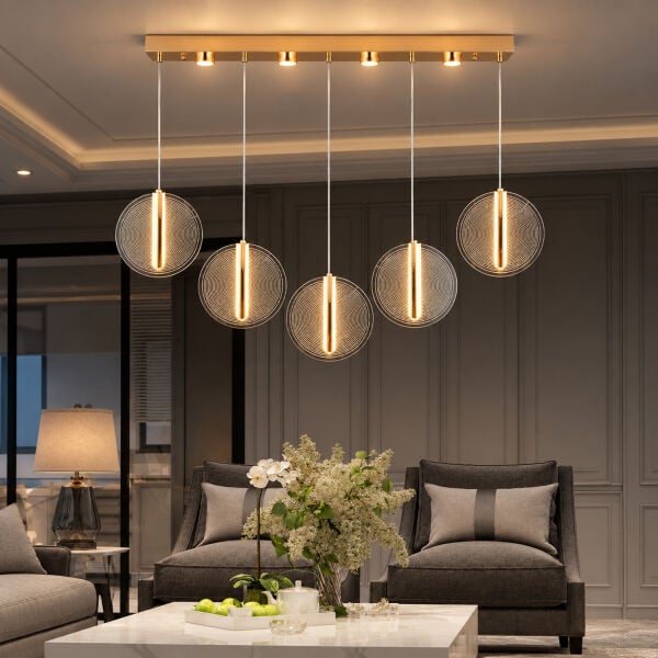 Dustin 5'li Sıralı 3 Renk 75 Watt Gold Kristal Ledli Modern Oturma Odası Salon Sarkıt Avize