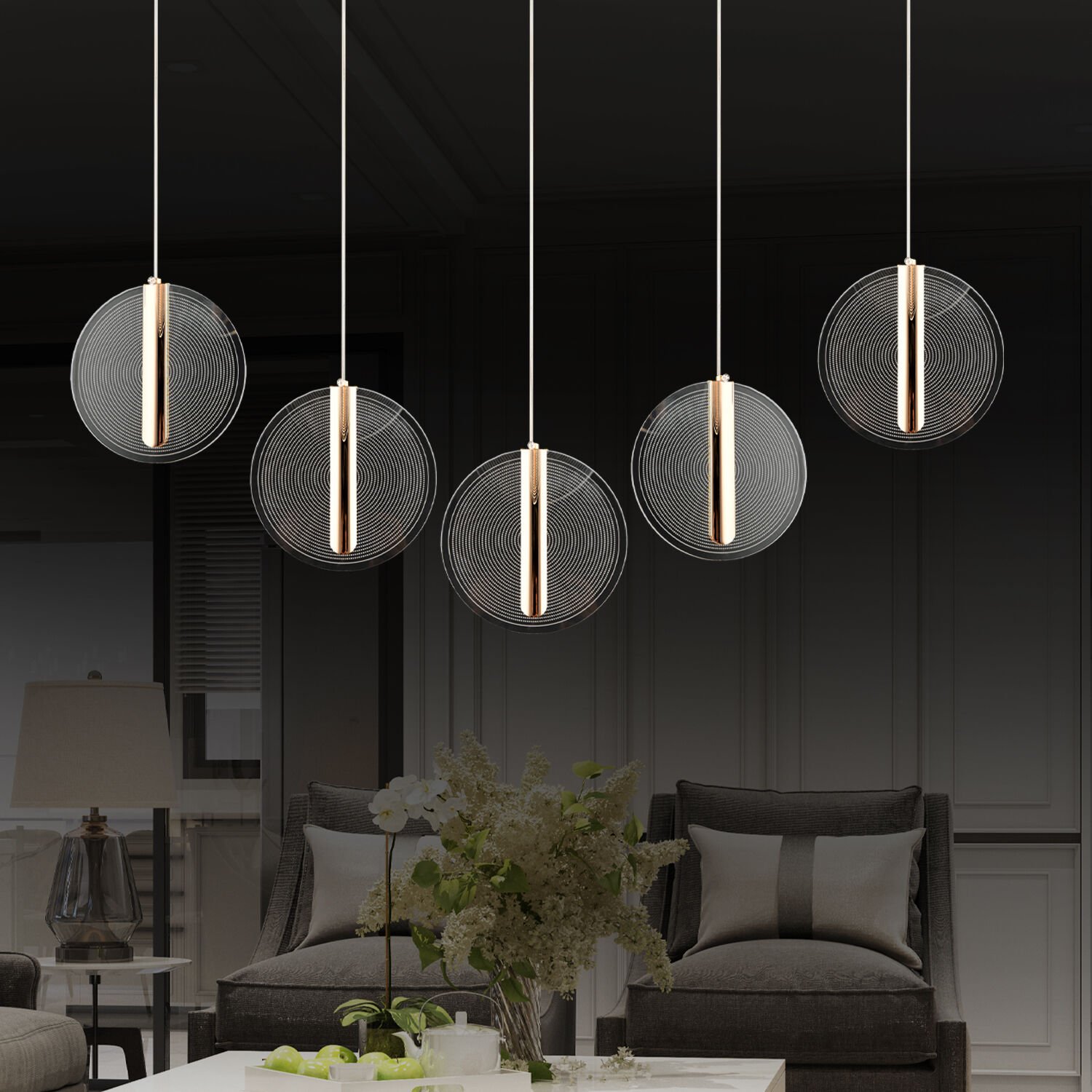 Dustin 5'li Sıralı 3 Renk 75 Watt Gold Kristal Ledli Modern Oturma Odası Salon Sarkıt Avize