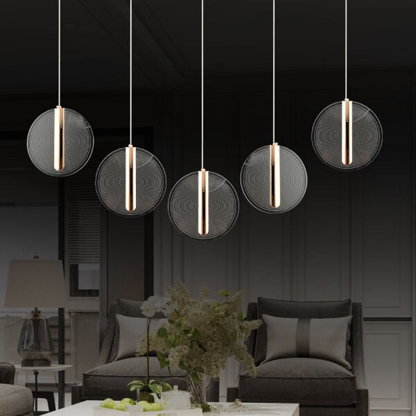 Dustin 5'li Sıralı 3 Renk 75 Watt Gold Kristal Ledli Modern Oturma Odası Salon Sarkıt Avize