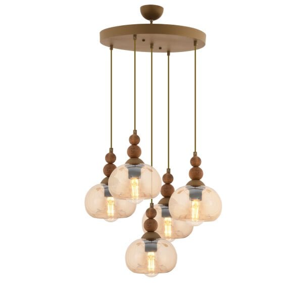 Vinta 5'li Yuvarlak Eskitme Ahşap Detaylı Bohem Salon Sarkıt Avize