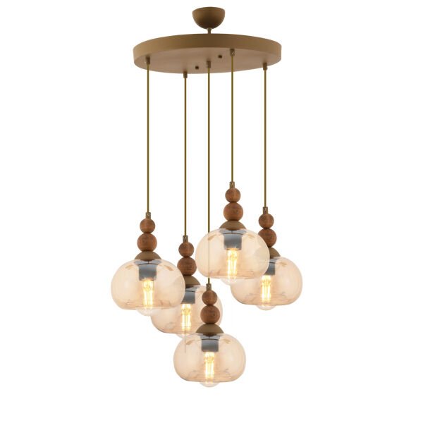 Vinta 5'li Yuvarlak Eskitme Ahşap Detaylı Bohem Salon Sarkıt Avize