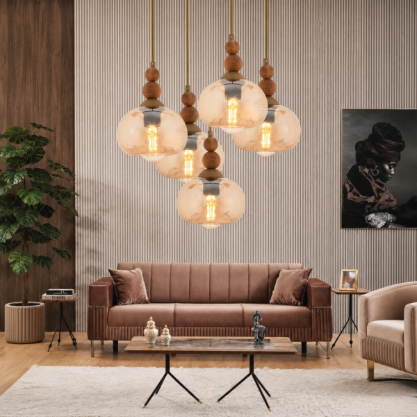 Vinta 5'li Yuvarlak Eskitme Ahşap Detaylı Bohem Salon Sarkıt Avize