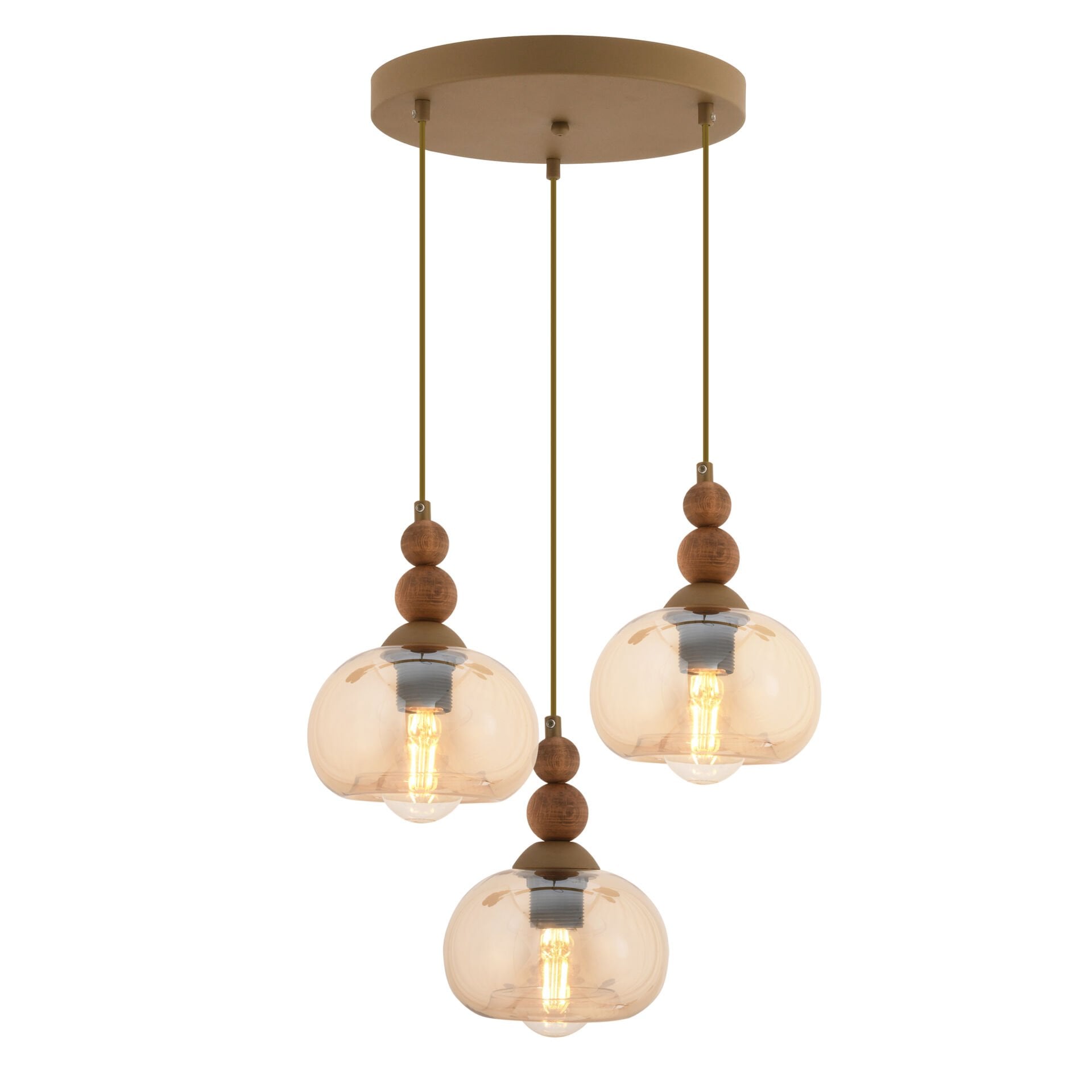 Vinta 3'lü Yuvarlak Eskitme Ahşap Detaylı Bohem Salon Sarkıt Avize